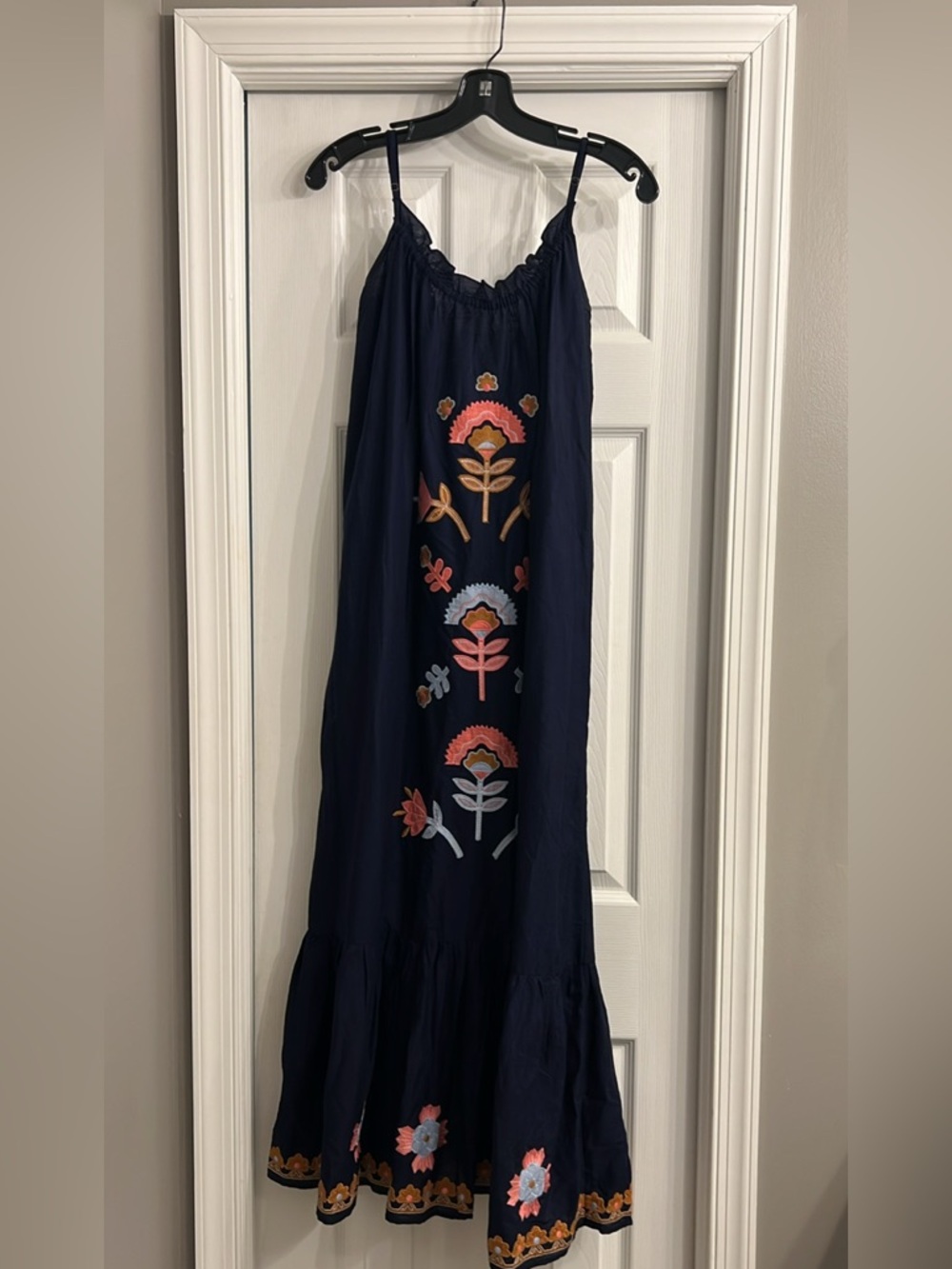 Anthropologie Navy Maxi Dress with Multicolor Floral Embroidery
